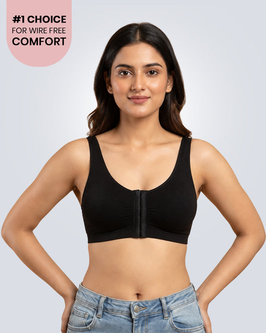 Front Open Non Padded Wire-Free Comfort Diva Bra (Black)