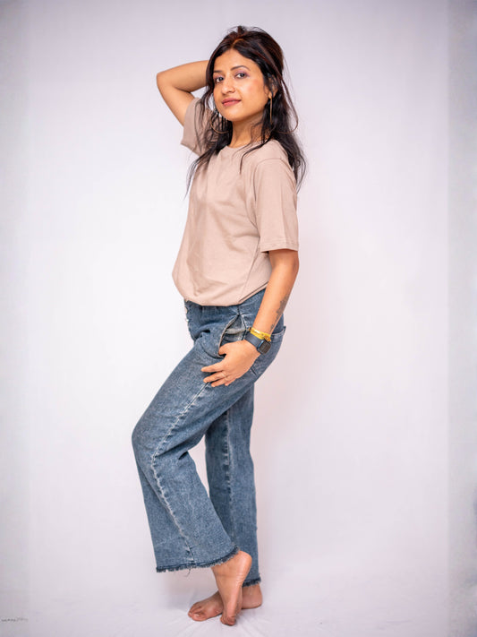 Beige Solid Casual Tee