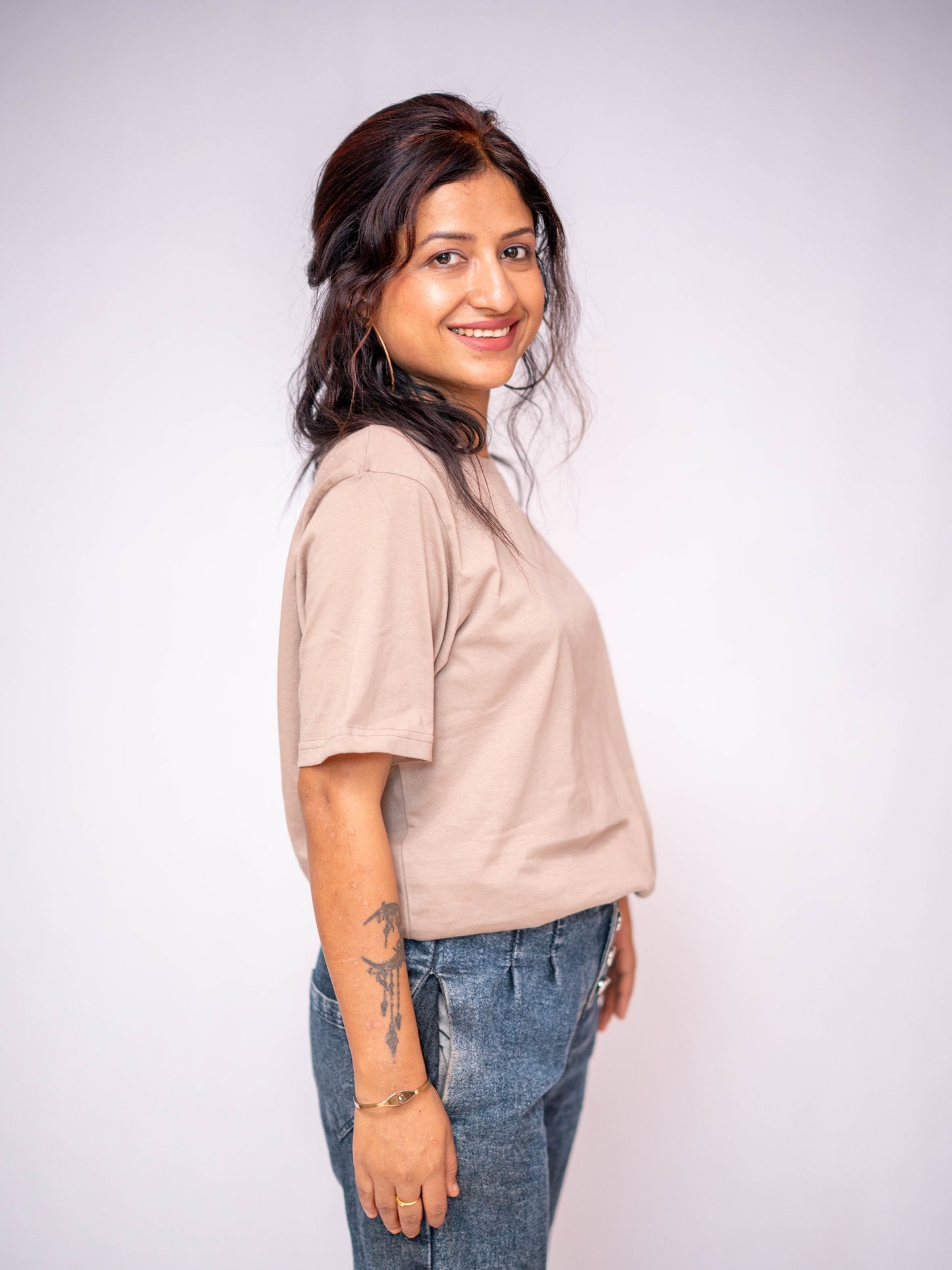 Beige Solid Casual Tee