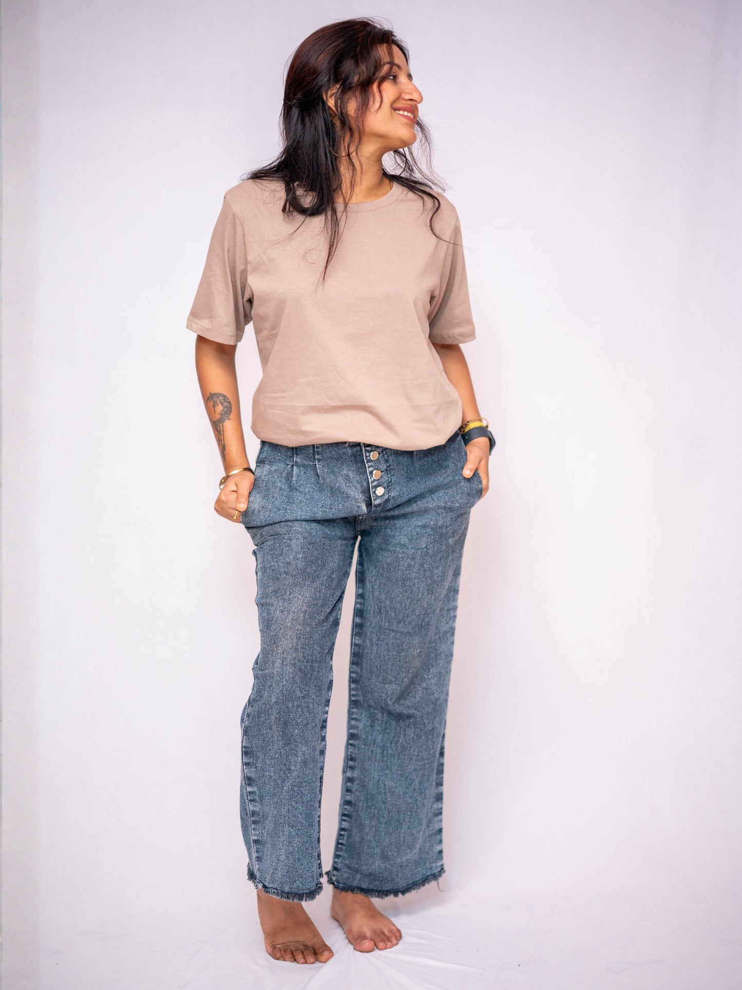 Beige Solid Casual Tee