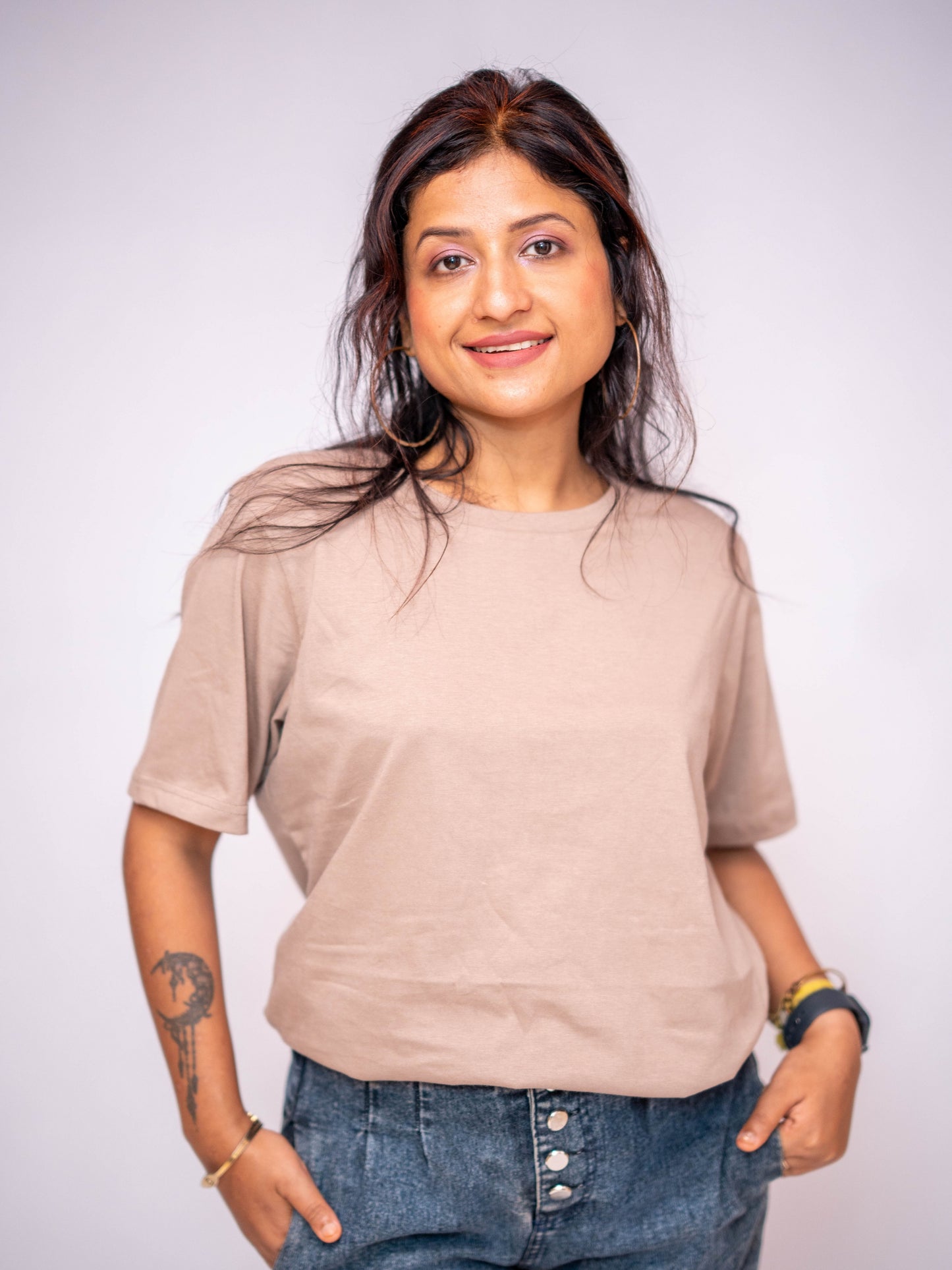 Beige Solid Casual Tee