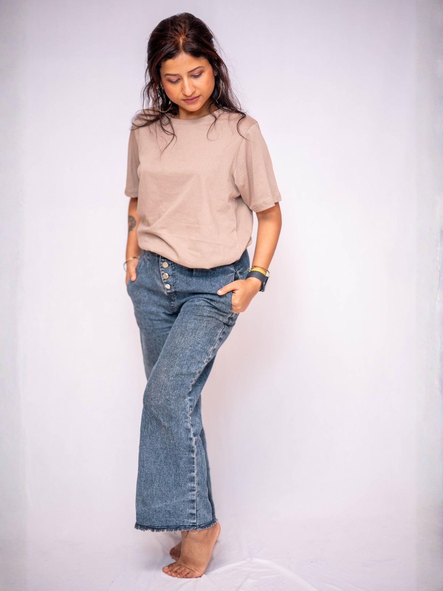 Beige Solid Casual Tee