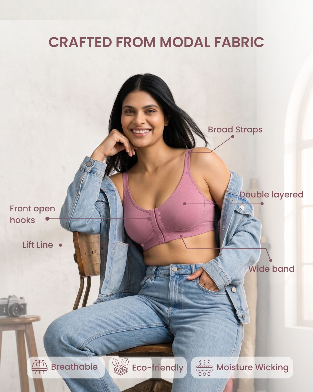 Front Open Non Padded Wire-Free Comfort Diva Bra (Black)
