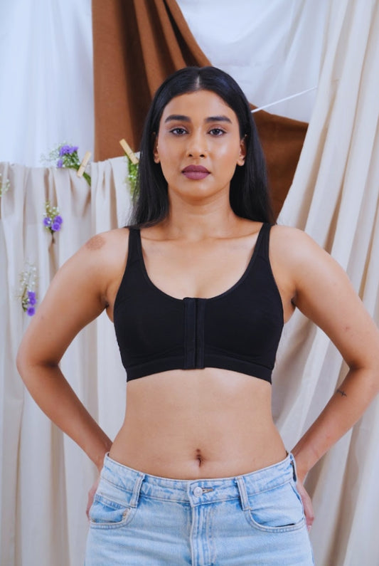 Front Open Non Padded Wire-Free Comfort Diva Bra- Black