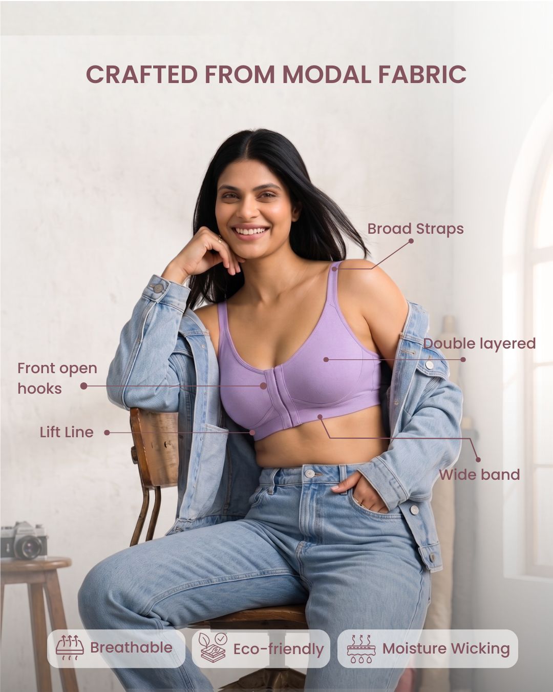 Front Open Non Padded Wire-Free Comfort Diva Bra (Black)