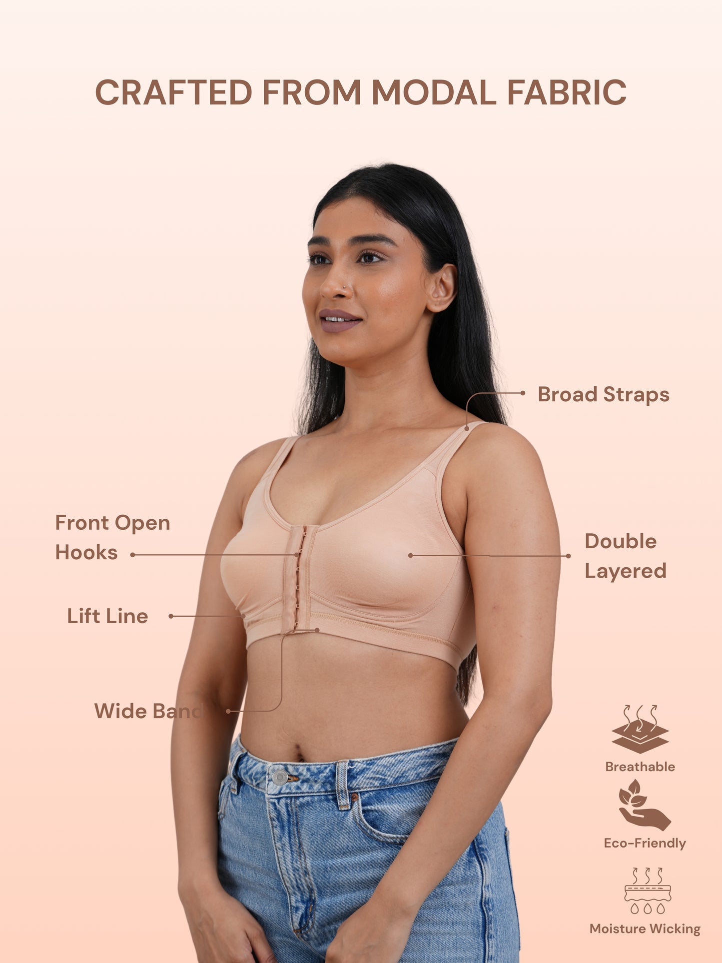 Front Open Non Padded Wire-Free Comfort Diva Bra - Caramel