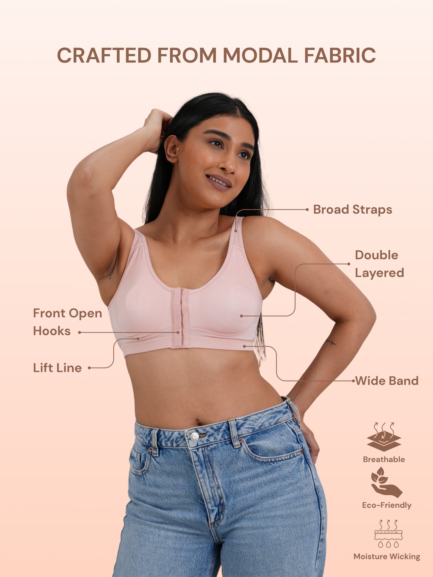 Front Open Non Padded Wire-Free Comfort Diva Bra - Pink