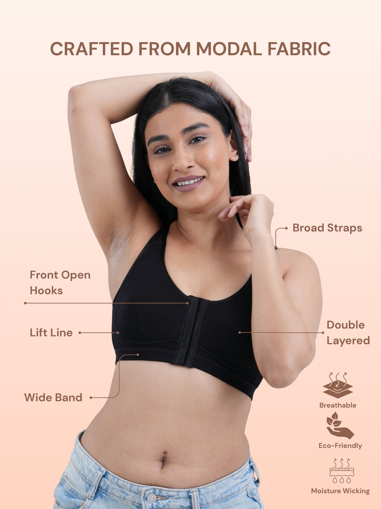 Front Open Non Padded Wire-Free Comfort Diva Bra- Black